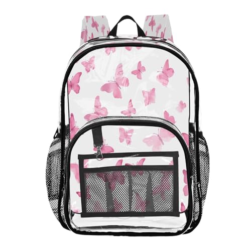 Pink Watercolor Butterflies Clear Backpack - Stadium Approved Large 15.7-inch Waterproof Transparent Bag for Sports, Concerts, Work, Travel#222