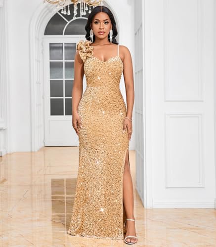 Image of Cololura Women Sexy Elegant Sequin High Split Ruffled Hem Mermaid Party Cocktail Bodycon Formal Evening Gowns Maxi Dress