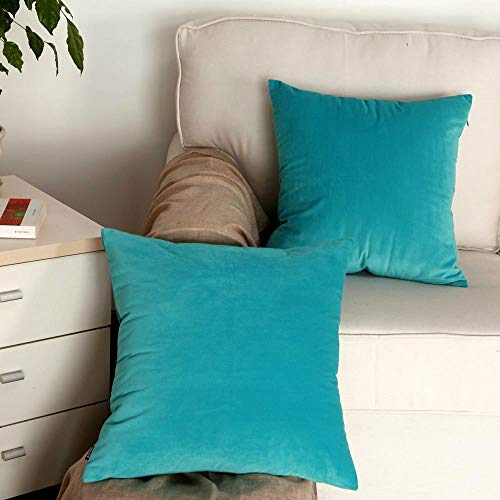 Artcest Set Of 2, Cozy Solid Velvet Throw Pillow Case Decorative Couch Cushion Cover Soft Sofa Euro Sham With Zipper Hidden, 18"X18" (Light Teal) #TOP1
