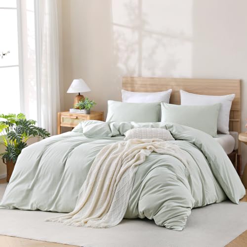 Image of TOCOMOA Sage Green Striped Duvet Cover Bedding Set 100% Washed Cotton Like Linen Feel Super Soft Comfy 3 Piece Pinstriped Comforter Cover Set (Queen 90 inchx90 inch, Comforter Not Included)