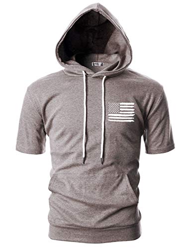Ohoo Mens Slim Fit American Flag Short Sleeve Pullover Hoodie With Kanga Pocket Lightweight Hooded Sweatshirt / Dcf073-Brown-M #TOP1