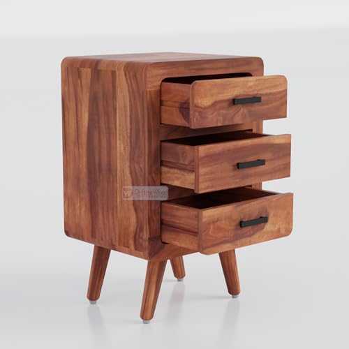 Image of DRIFTINGWOODb Alicia Solid Wood Bedside Table | Wooden Bed Side Tables with Drawers | Nightstand Side Table for Bedroom | Nigh Stand End Table with 3 Drawers Storage for Home | Honey Finish