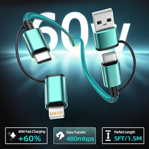 SPEATE 2 Pack 4 in 1 Multi Charging Cable 5FT, 60W Fast Charging USB A & USB C to USB C and IP Charger Cord for Cruise Essentials, Travel, Car, Camping, Green by SPEATE - Used condition - Image 4