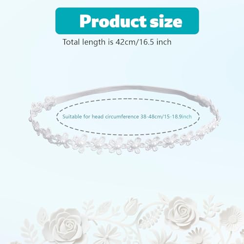 Elastic Baptism Headband for Baby Girl, 16.5 Inch White Flower Christening Baby Head Band Soft Hairband Lace Toddler Hair Bands Hair Accessories for Newborn Kids Infants Outfit Gifts2