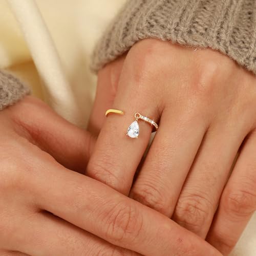 Open CZ Eternity Ring with Dangling Teardrop Ring for Women 925 Sterling Silver Stackable Cubic Zirconia Crystal Dangle Ring Engagement Statement Ring Wedding Bands Promise Ring for Birthday Christmas jewelry gifts2