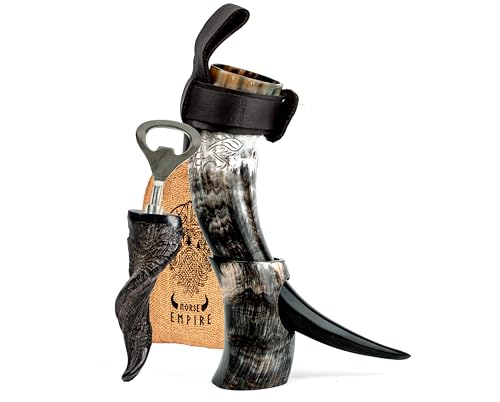 NORSE EMPIRE Genuine Viking Drinking Horn Set Of 3-12oz Classic Horn Unique & 100% Authentic Ox Horn Hand Crafted Food Safe Natural Shine Cups Viking Mugs Gift for Men and Women