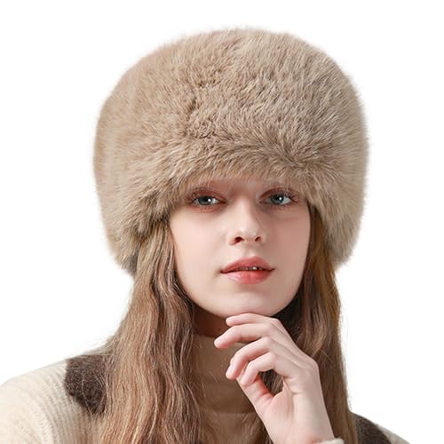 Peicees Winter Faux Fur Hat for Women Girls Cossack Russian Style Ladies Ushanka Fuzzy Furry Hat Warm Fluffy Bucket Hat Light Khaki