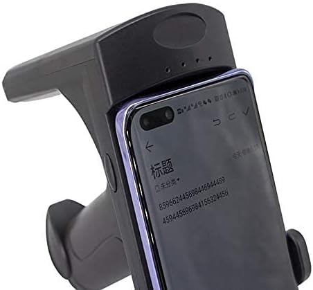 Yanzeo R12 PDA UHF RFID Reader with a smartphone displaying scanned data.