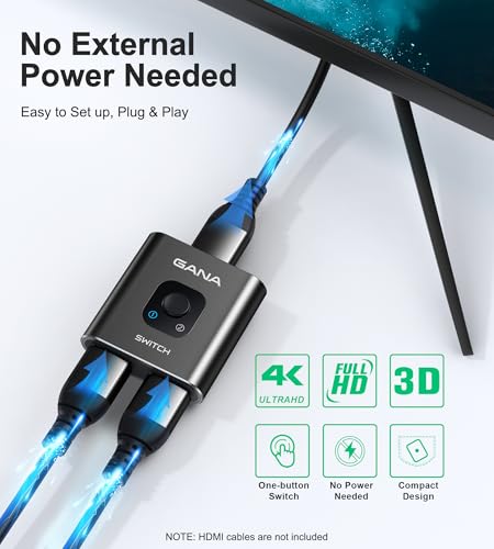 HDMI Switch HDMI Splitter 4K60Hz, GANA Ultradünn Aluminium Bidirektional HDMI Switch 2 in 1 Out oder 1 in 2 Out HDMI Verteiler Unterstützt UHD 4K für Xbox PS4 HDTV Blu-Ray DVD