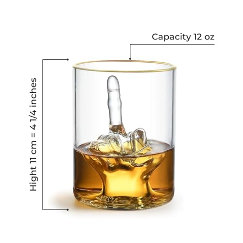 RUGLUSH Middle Finger Funny Whiskey Glass – Premium Up Yours Funny Glass for Whiskey, Liquor – Non-BPA Glass with Luxurious Gold Rim – Home Bar Accessories Ideal for Man Cave, Fun Gag Gift