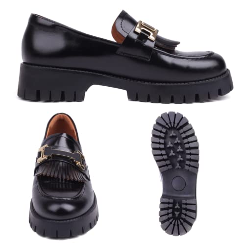 Chunky Platform Loafers For Women With Kiltie Fringe Metal Buckle Decoration Lug Sole Kitten Heel Microfiber Leather Moc Toe Slip-On Shoes, Black 8 #TOP7