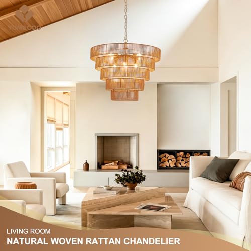YOMECOO 25.6" Large Rattan Gold Chandelier for Dining Room, Farmhouse 8-Lights Boho Hand-Woven Bamboo Chandelier, Drum Wicker Golden Chandeliers for Kitchen Island, Living Room, Bedroom by YOMECOO - Image 7