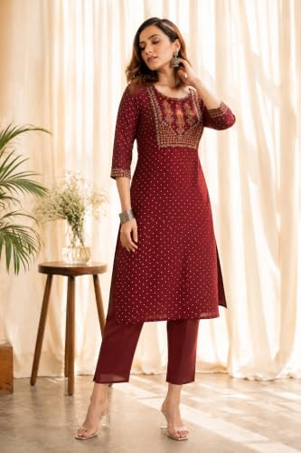 Image of MIRCHI FASHION Women's Straight Fit Rayon Sequins Embroidered and Polka Dots Printed Kurti Only
