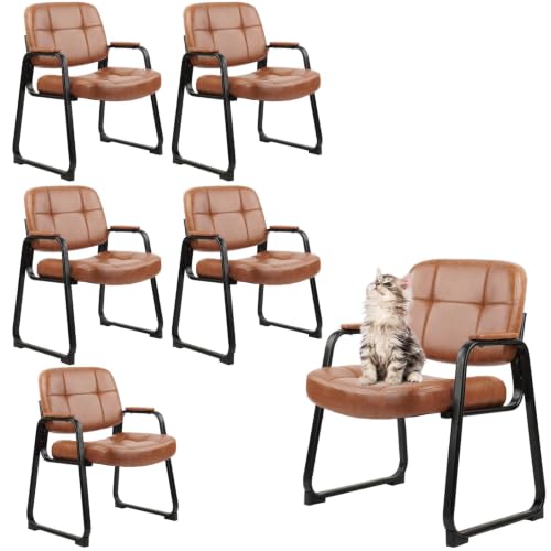 Image of CLATINA Big & Tall Waiting Room Guest Chair Comfortable Reception Chairs with Bonded Leather Padded Arm Rest and Sled Base for Office Reception Lobby and Conference Desk, Brown(6 Pack)