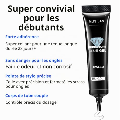 MUSILAN Nail Rhinestone Glue avec Limes à ongles en Verre - 0.5 once Gel 3D Nail Art Colle à ongles Strass Gel pour Les ongles pour Paillettes d'Ongles pour Strass Ongles Bijoux Décorations diy Design – vue 3