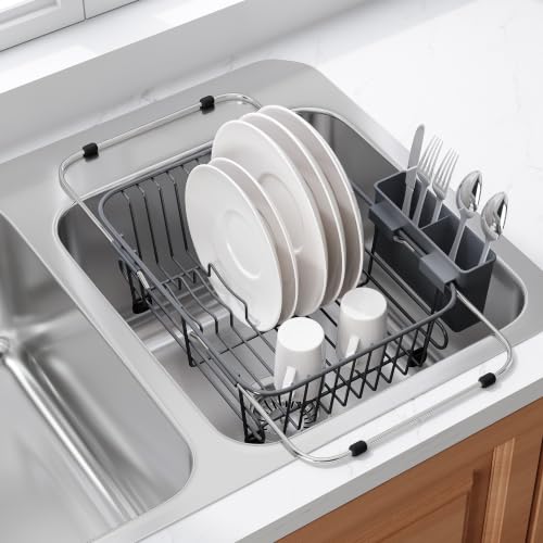 Image of JASIWAY Gray Dish Drying Rack in Sink with Utensil Holder, RV, Apartment