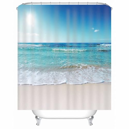 Rideau de bain lavable en tissu bleu polyester traité anti-moisissure