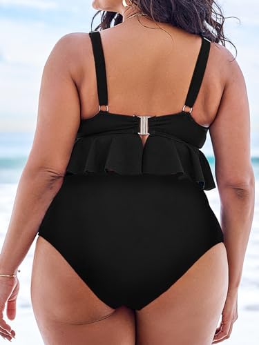 CUPSHE Women Swimsuit Plus Size Bikini Set Two Piece Bathing Suit V Neck High Waisted Flowy Ruffle Hem Floral3