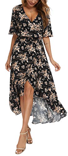 Image of Kormei Women Short Sleeve V Neck Floral High Low Flowy Summer Party Long Maxi Dress