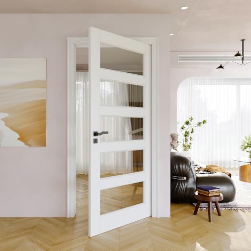 Image of 36" x 80" Slab Door, 5-Panel Pre-Assembled Clear Glass Interior French Door Slab, Solid Core & Pre-Finished Single Panel for Pantry Bedroom Closet as Pocket, Bifold, Barn Doors-Shaker w/o Hardware