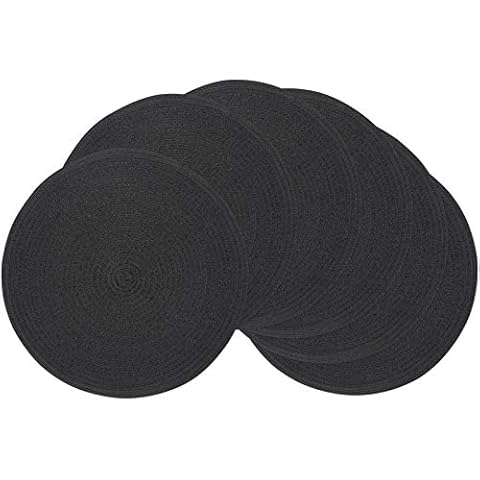SHACOS Set of 6 Round Woven Placemats 38cm Table Mats Cotton Washable Heat Resistant non slip Placemats for Kitchen Table, Black Cover