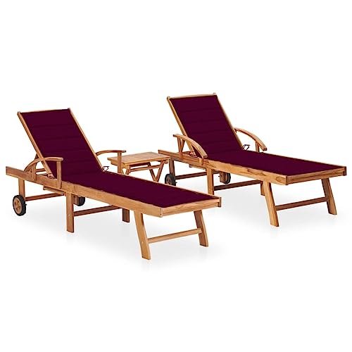 Tumbonas de Exterior 2 uds, Juego de Hamacas Plegables con Mesa Auxiliar y Cojines, Madera de Teca Maciza, Ajustable en 3 Posiciones, Resistentes a la Intemperie,Rojo Vino, Tumbona 195x59.5 cm