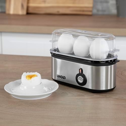 Bild 2 - UNOLD 38610 Eierkocher Mini, Edelstahlgehäuse, Eiereinsatz mit Griff für 1 bis 3 Eier, Signalton, Betriebskontrollleuchte und 210 W, inkl. Messbecher