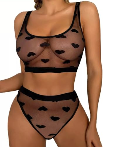 PARUPRUP Women's Sexy Lingerie Set 2 Pieces Sheer Mesh Love Heart Print Bra Panty Underwear See Through Naughty Babydoll Lingerie (Black, L)