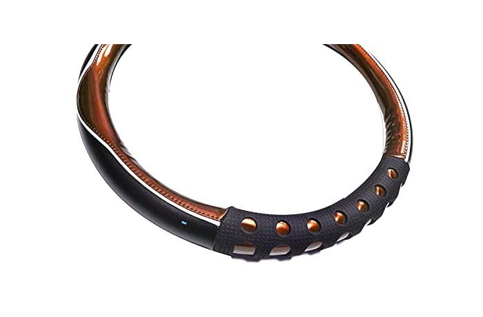 Image of NIKAVI Fashion Steering Wheel Cover - Brown Color | Size - Medium | Diameter 38 cm | D-Type | Car Steering Wheel Protector, Anti-Slip, Stylish Leather Finish Grip Cover for Flat Bottom Wheels