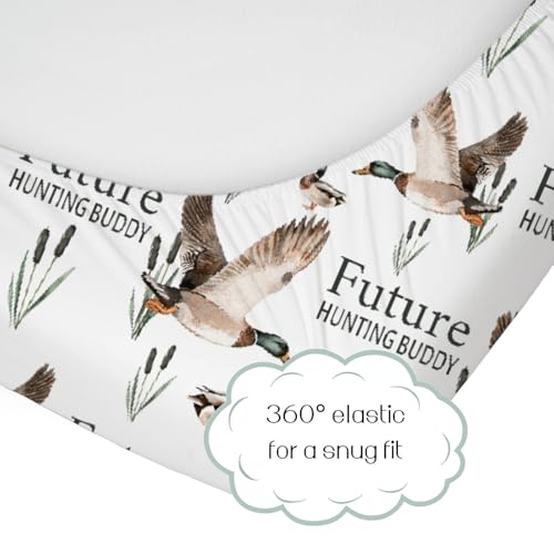 Image of HawSkgFub Future Duck Hunting Buddy Fitted Standard Crib Sheet for Baby Boy, Mallard Duck Hunter Wild Animal Lake Toddler Mattress Cover, Soft Stretchy Nursery Bed Sheets Decor Kids Gift 52 inch x 28 inch