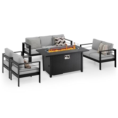 Solaste Aluminum Patio Furniture Set with Fire Pit Table, 5 Piece Metal Outdoor Furniture with Water-Resistant Cushions, Modern Patio Conversation Set for Balcony, Front Porch, and Backyard, Black