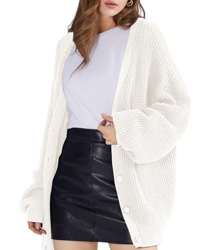 Image of QUALFORT Women's Oversized 100% Cotton Cardigan Sweater | Long Sleeve V Neck Button Down Open Front Knit Outerwear