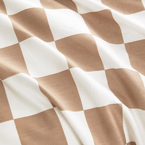 Wake In Cloud - Brown And White Checkered Duvet Cover Set, 100% Cotton Bedding, Buffalo Plaid Gingham Checkerboard Geometric Pattern, With Zipper Closure (3Pcs, Queen Size) #TOP5