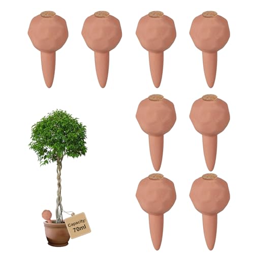 EXLECO 8 × 70ml Oyas Arrosage avec Liège, Arrosoir Terreau Plante Intérieur, Cône Olla pour Arrosage Automatique des Fleurs, Distributeur Eau Plante, pour Jardin, Potager, Pot en Terre Cuite