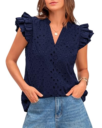 BTFBM Women Eyelet Spring Summer Tops Dressy Casual V Neck Ruffle Cap Sleeve Cotton Boho Shirts Embroidered Blouses 2026(Navy, XX-Large)
