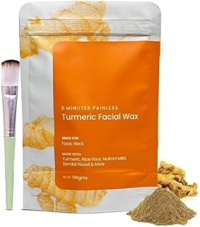 Natural Turmeric Facial Wax Powder, 100g, 5-Minute Painless Hair Removal, Face and Neck Treatment with Applicator Brush