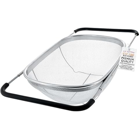 U.S. Kitchen Supply - Premium Quality Over The Sink Stainless Steel Oval Colander with Fine Mesh 6 Quart Strainer Basket & Expandable Rubber Grip Handles - Strain, Drain, Rinse Fruits, Vegetables Cover