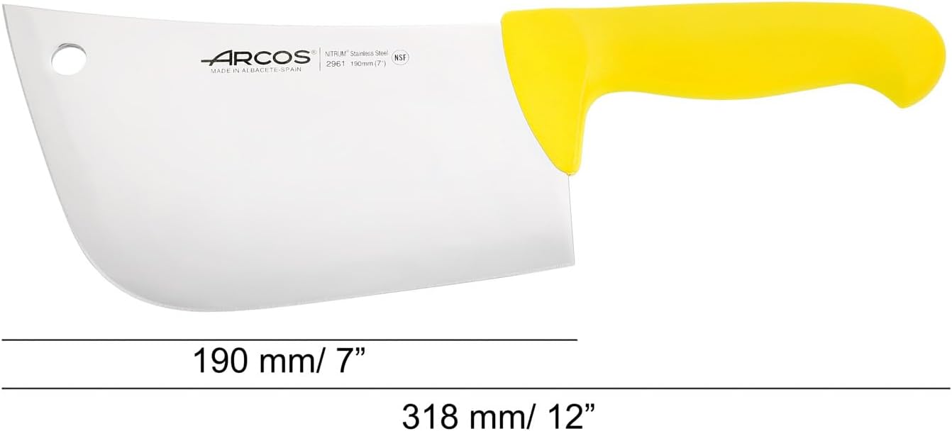 Arcos Cleaver Knife 7 Inch Nitrum Stainless Steel and 190 mm blade. Professional Butcher knife. Ergonomic Polypropylene Handle. Series 2900. Color Yellow