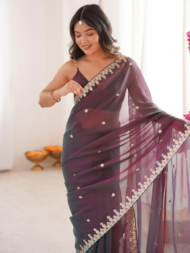 Image of AKHILAM Women's Shimmer Chiffon Sequence Embroidery Saree With Unstitched Blouse Piece(AARYAN21601 KR Parent)