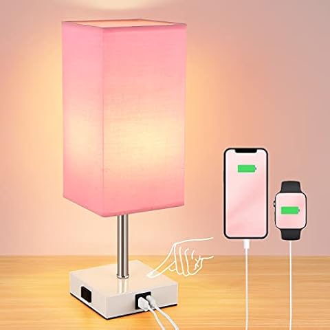 Woderdeng Touch Control Bedside Lamp - 3-Way Dimmable Table Lamps with USB C+A Port and Outlet, Nightstand Lamp for Bedroom Decor and Living Room,Pink Cover