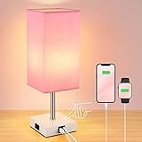 Woderdeng Touch Control Bedside Lamp - 3-Way Dimmable Table Lamps with USB C+A Port and Outlet, Nightstand Lamp for Bedroom Decor and Living Room,Pink