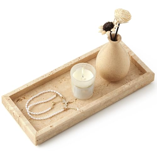Image of Real Natural Travertine Tray for Bathroom, Vanity, Kitchen and Desktop, Rectangle Genuine Marble Stone Tray for Jewelry, Cosmetics, Candles, Lotion, Perfume and Home Decor, 12 inchx5 inch Size