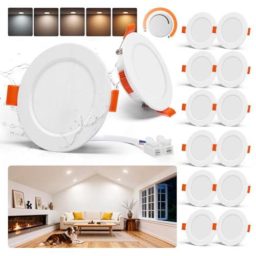 Tomosu Lot de 12 Spot LED Encastrable Dimmable, 5W 550LM Spot Salle de bain IP44 Spots Extra Plat, Spots LED Encastrable 68mm - 80mm Découpe pour Salon...