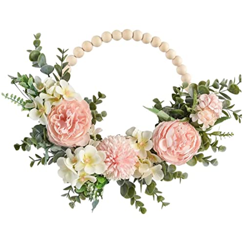 Liummrcy Artificial Pink Hydrangea and Peony Floral Spring Wreath Silk Peony Wreath with Eucalyptus Leaves Welcome Front Door Wreath Wood Bead Floral Wreath Artificial Flower Hanging Hoop Wreath