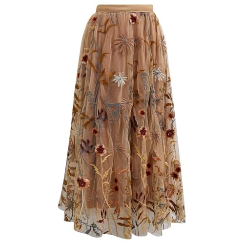 CHICWISH Women Floral Embroidered Tulle Skirt Flared A Line High Elastic Waist Mesh Double-Layered Midi Skirt4