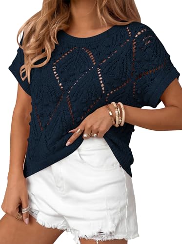 Image of Cakulo Womens Crochet Crop Tops 2026 Summer Short Sleeve Hollow Out Boho Sweater Beach Vacation Cruise Resort Wear