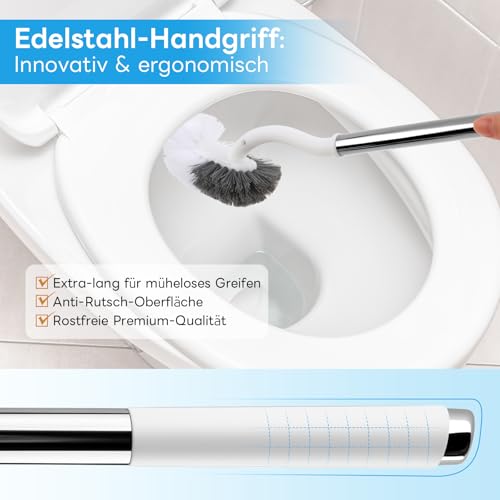 Topsky 2 Pack Toilettenbürsten WC Bürsten & Halter, Klobürste mit Randreiniger, mit 4 Gebogen Bürstenköpfen - Tiefenreiniger für Bad, WC & Wohnmobil - Klobürste Edelstahl mit Harte Borsten - Weiß