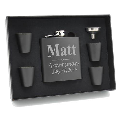 My Personal Memories, Custom Engraved Groomsman Flask Set - Personalized Groomsmen Gifts - 3 Lines Style - Black