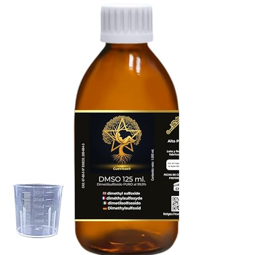 CueVitae® DMSO 125 ml | Dimetylosulfotlenek Maksymalna czystość: 99,9% | Europejska jakość | Opakowanie: ekologiczne szkło laboratoryjne | z uszczelką zabezpieczającą, zakraplaczem i kubkiem na
