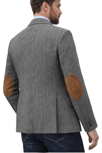 DRCUIVS Men's Herringbone Tweed Blazer Elbow Patch Business Casual Sport Coat Notch Lapel Single Breasted Tailored Suit Jacket for Wedding Travel Thanksgiving Dinner Party Light Grey X-Large